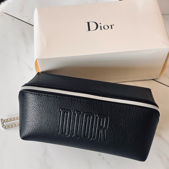 DIOR Black Faux Leather Cosmetic Pouch Makeup Bag Case Embossed Logo New - Picture 14 of 14